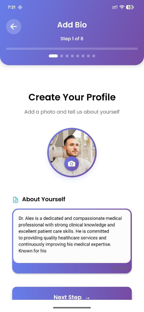 Provider Add Bio onboarding screen
