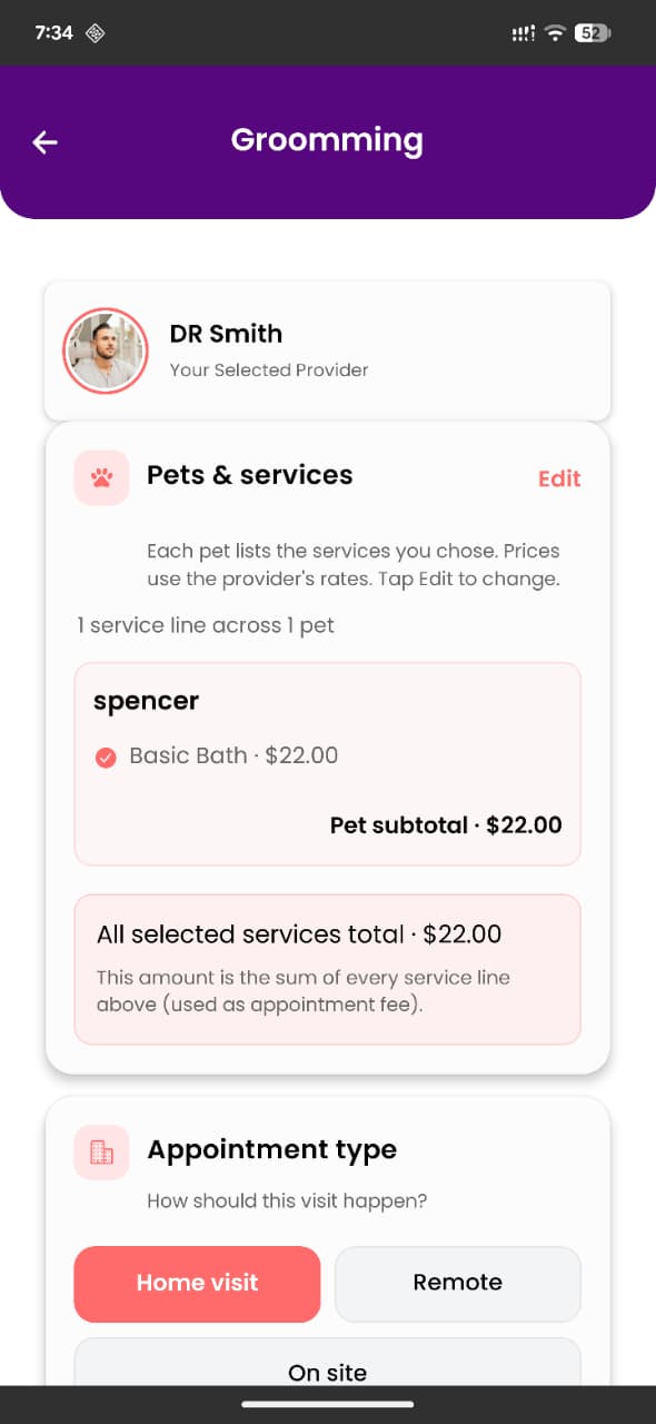 Booking detail screen with services