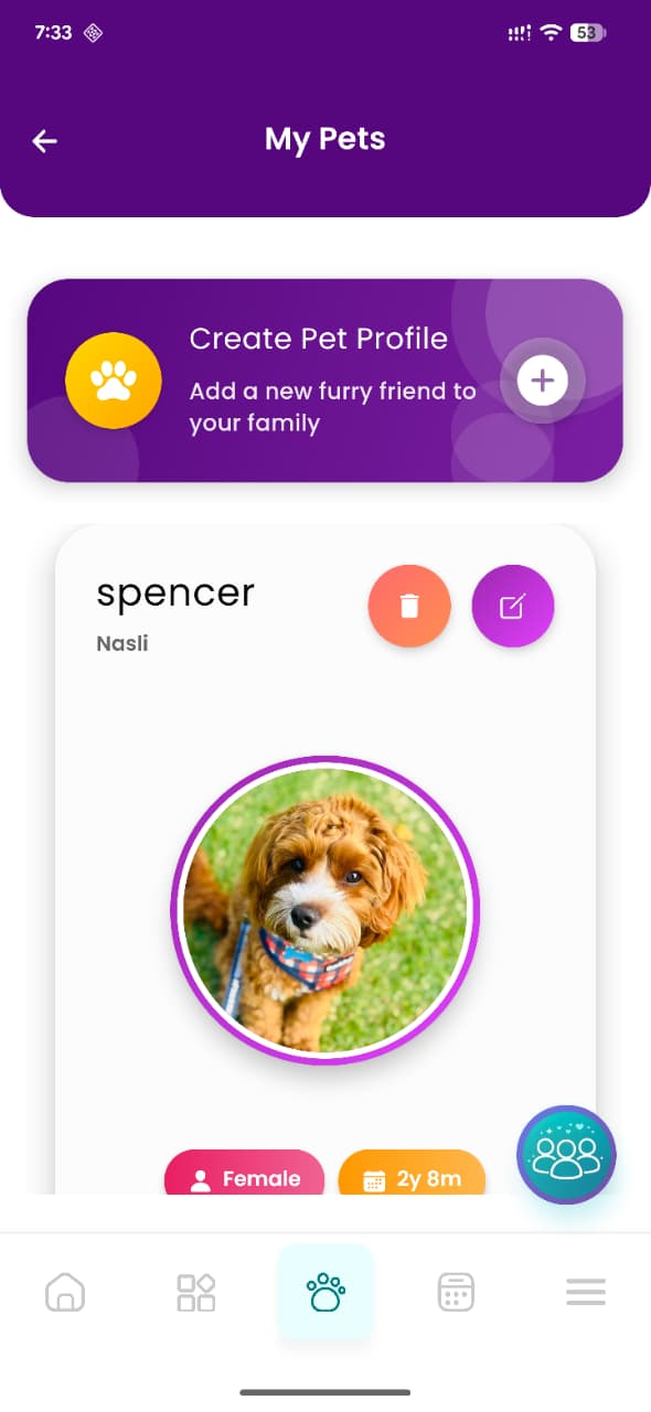 My Pets screen with Spencer's profile