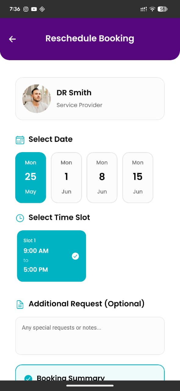 Reschedule booking screen