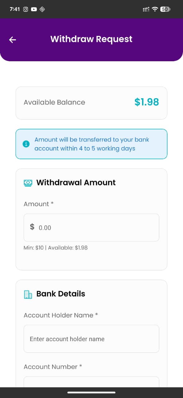 Withdraw earnings screen